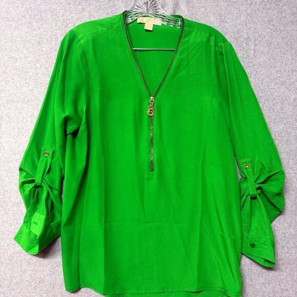 Michael Kors size Medium Green Zipper Front Blouse with Gold Zip Logo - Picture 1 of 7